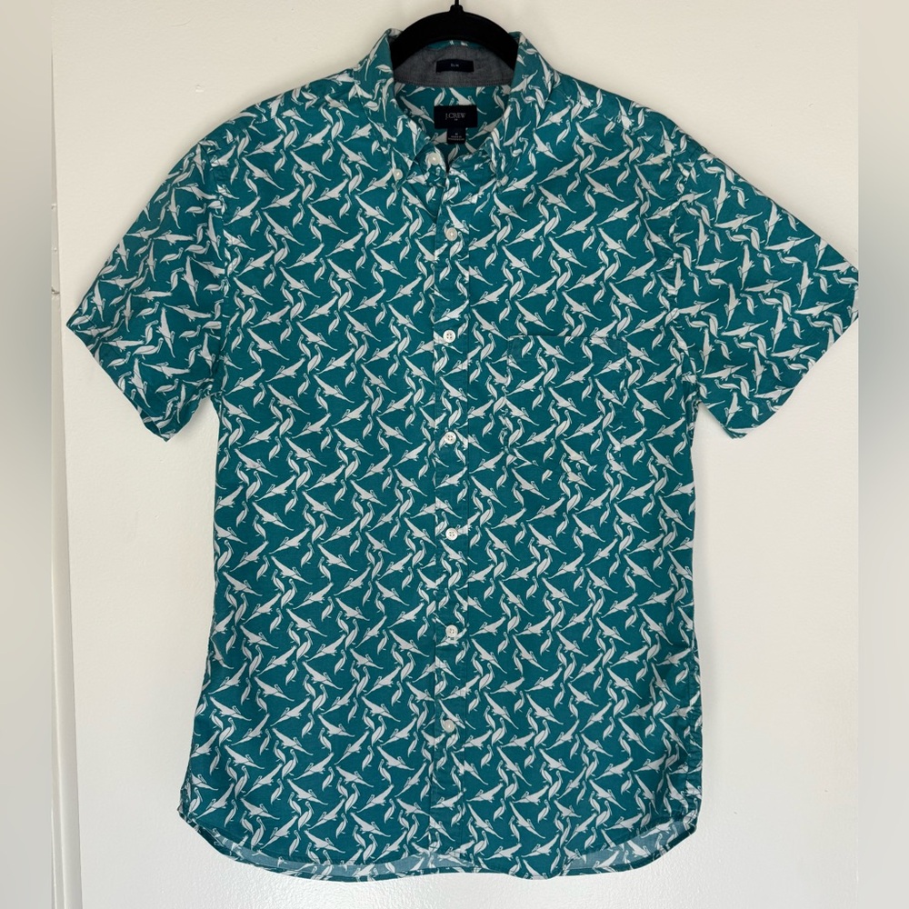 J. Crew Men's Pelican Teal Patterned Short Sleeve Shirt